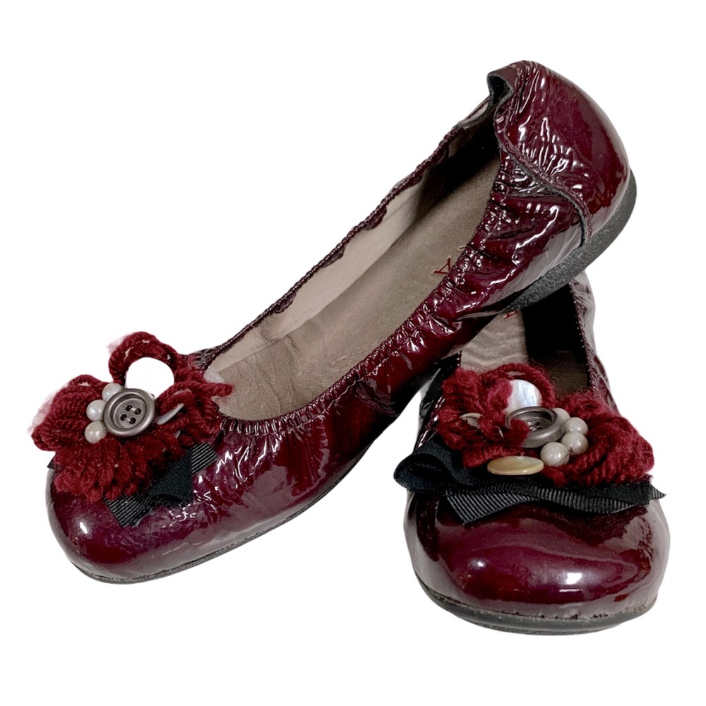 Women’s Burgundy Patent Ballet Flats with Decorative Flower Accent